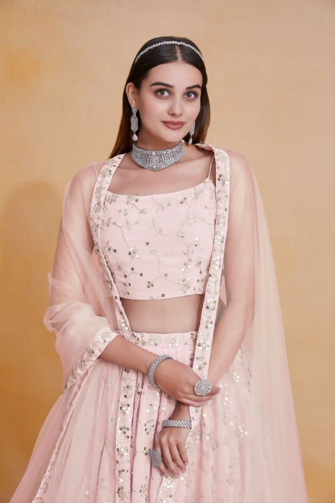 Peach Georgette Zari,Sequence Embroidery Work Lehenga Choli - Jihu Culture