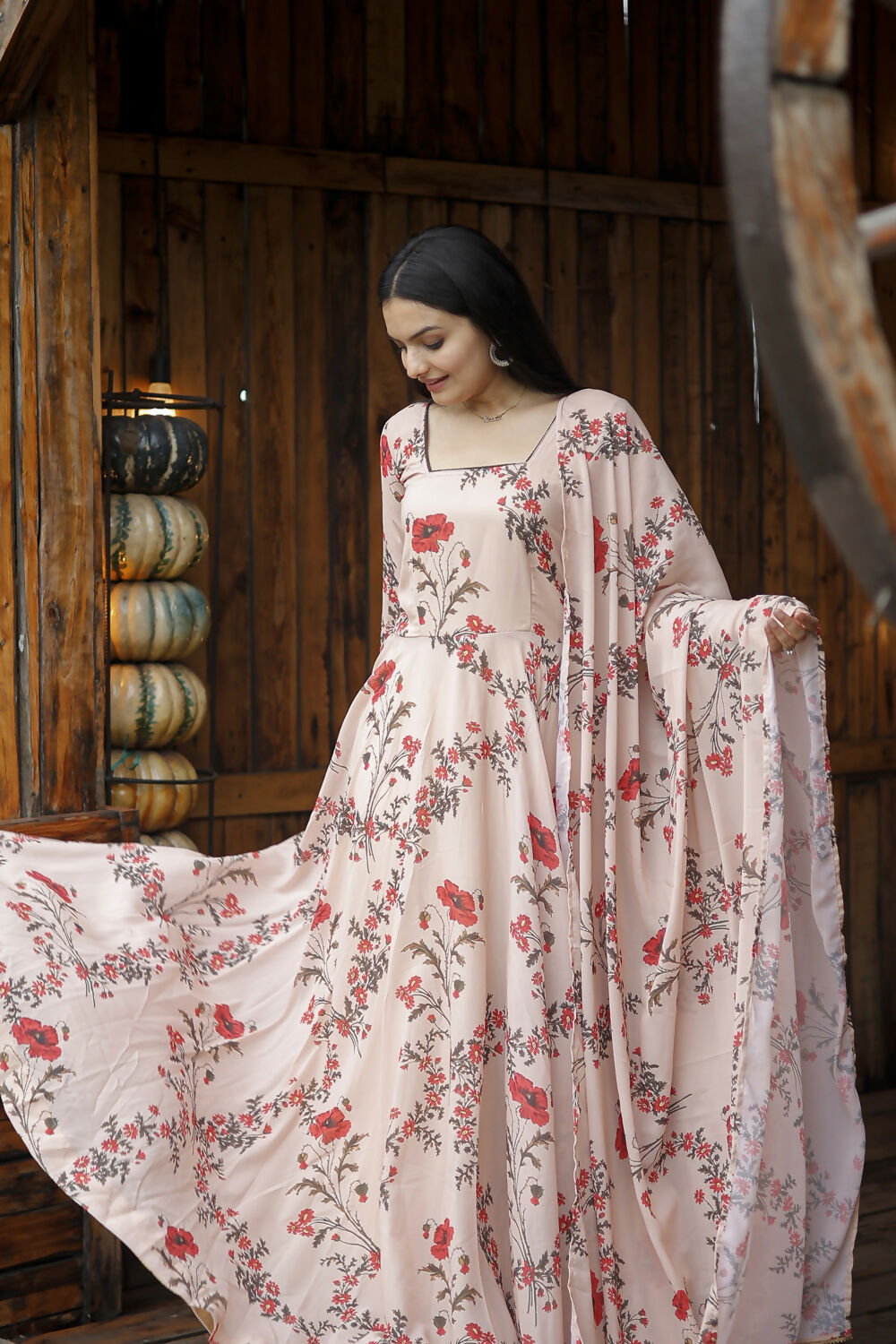 Aayaa Designer Printed Georgette Full Flare Gown With Dupatta - Multi Color - Distacart