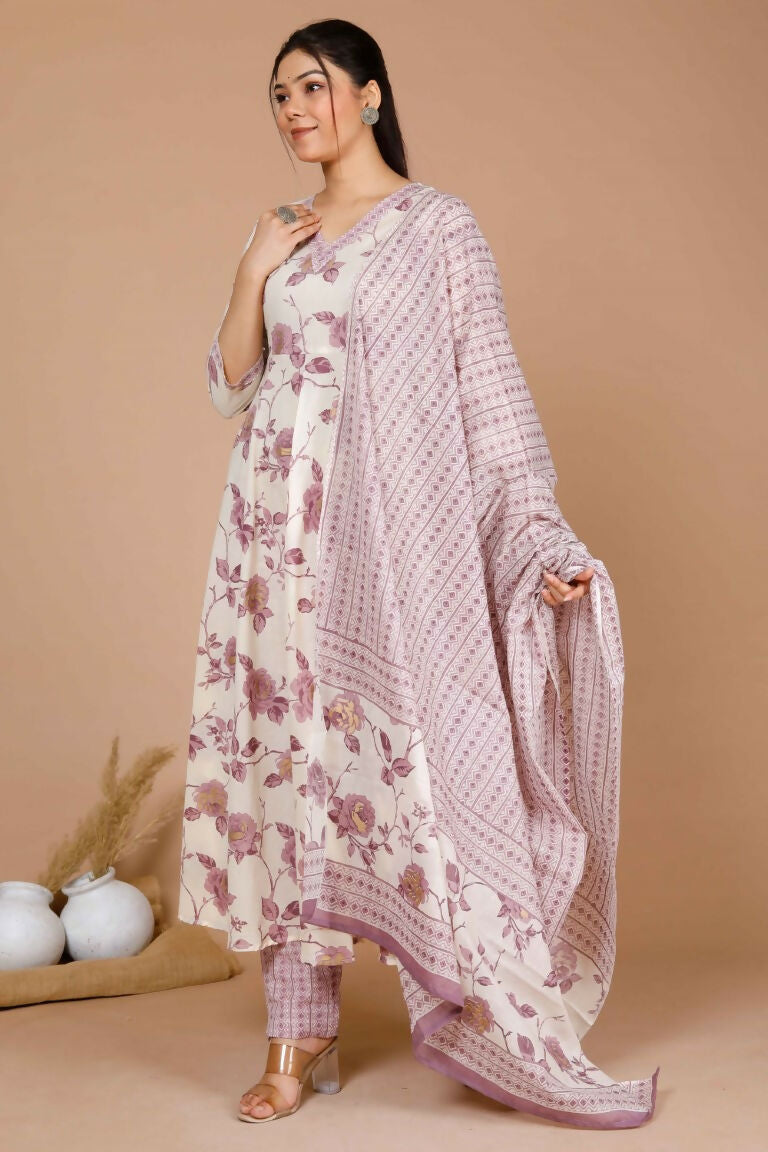 Miravan Women's Pink Floral Print Anarkali Kurta With Palazzo & Dupatta Set