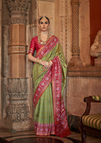 Olive Green Banarasi Weaving, Ultra Aqua Finish, Zari Work Banarasi Silk Saree - Rath Kunti