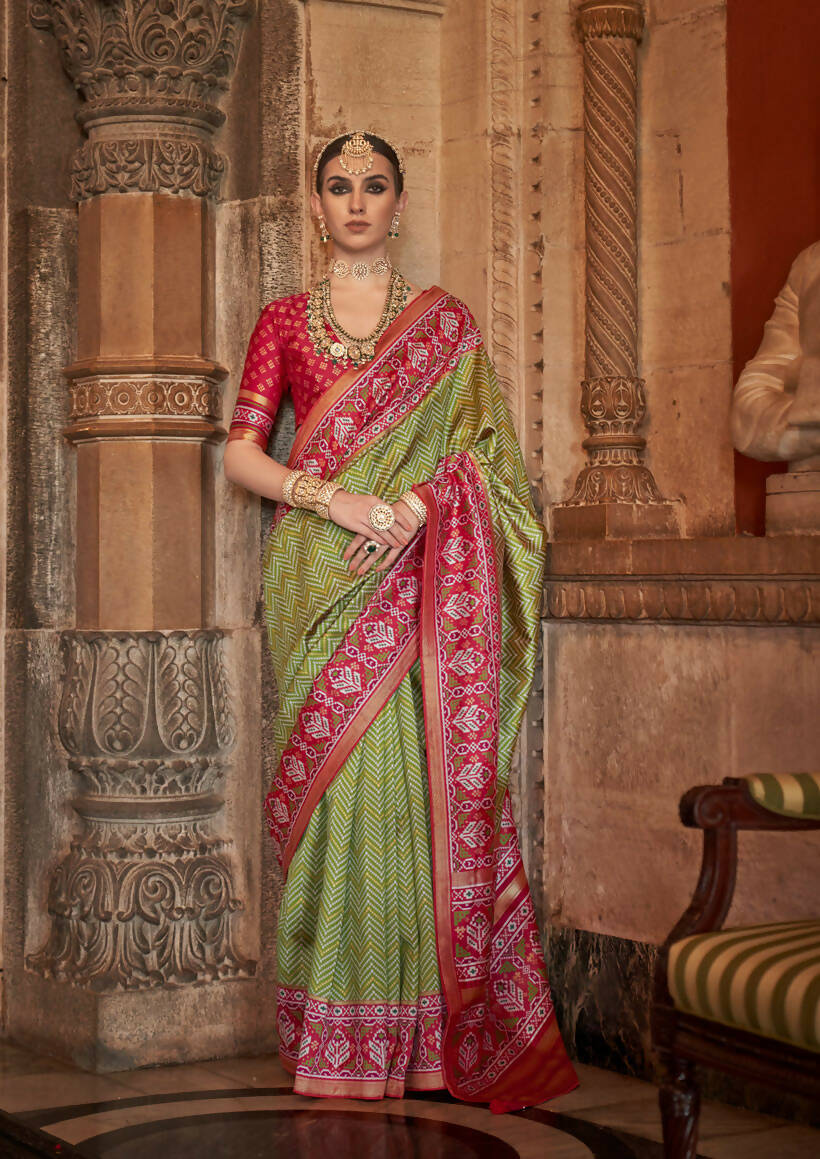 Olive Green Banarasi Weaving, Ultra Aqua Finish, Zari Work Banarasi Silk Saree - Rath Kunti