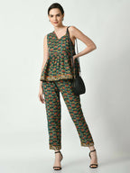 Myshka Women's Green One Shoulder Top With Trousers