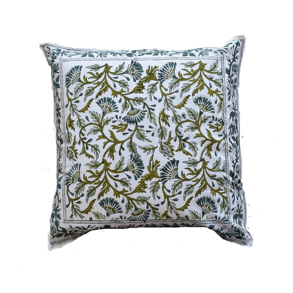 The Decor Nook Green / Teal Leaf Print With Teal Border Cushion Cover
