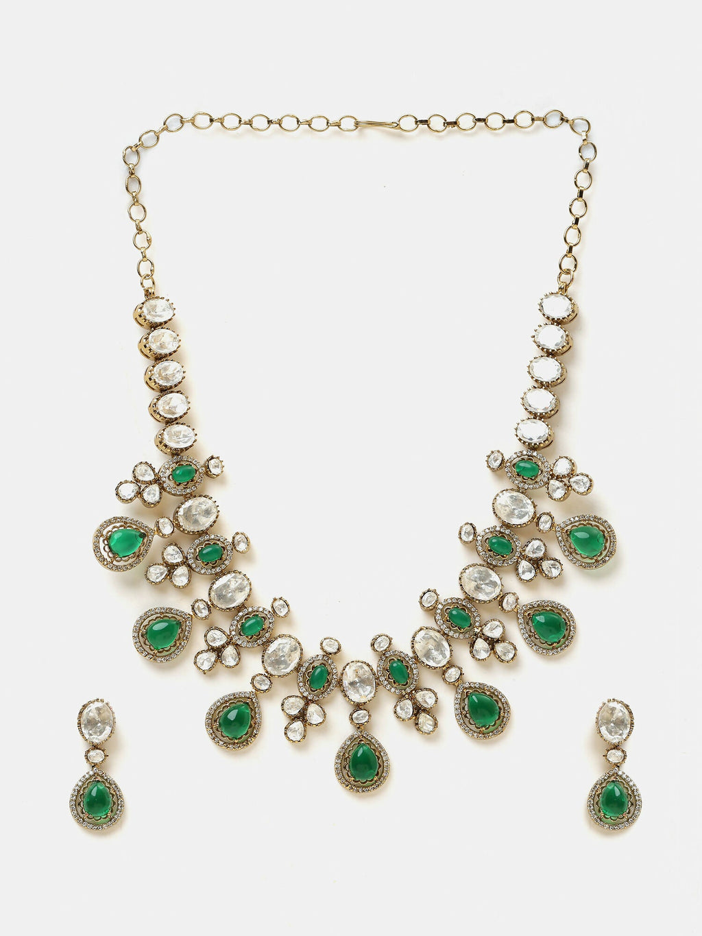 Ruby Raang Green Stone Kundan Work Necklace And Matching Earrings