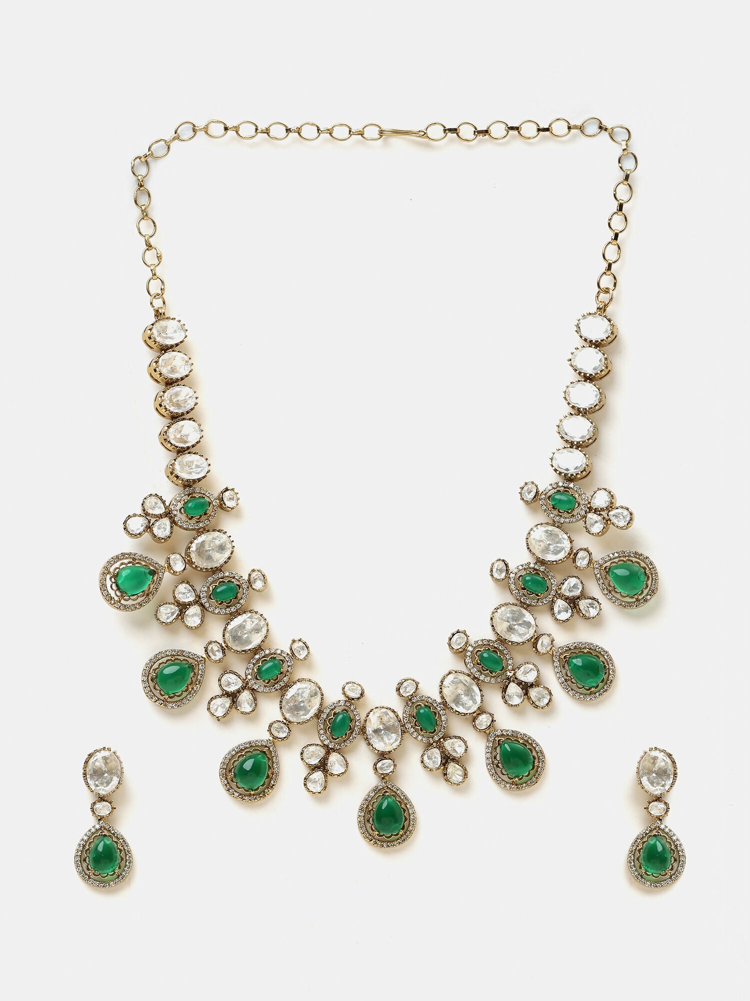 Ruby Raang Green Stone Kundan Work Necklace And Matching Earrings