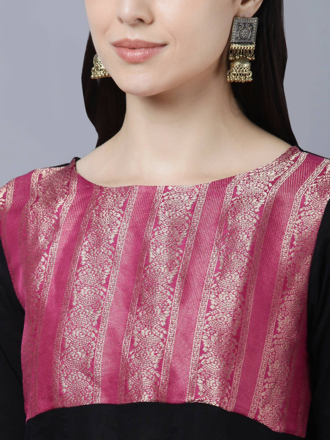 Myshka Women Black Peach-Coloured Colourblocked Cotton Anarkali Kurta - Distacart