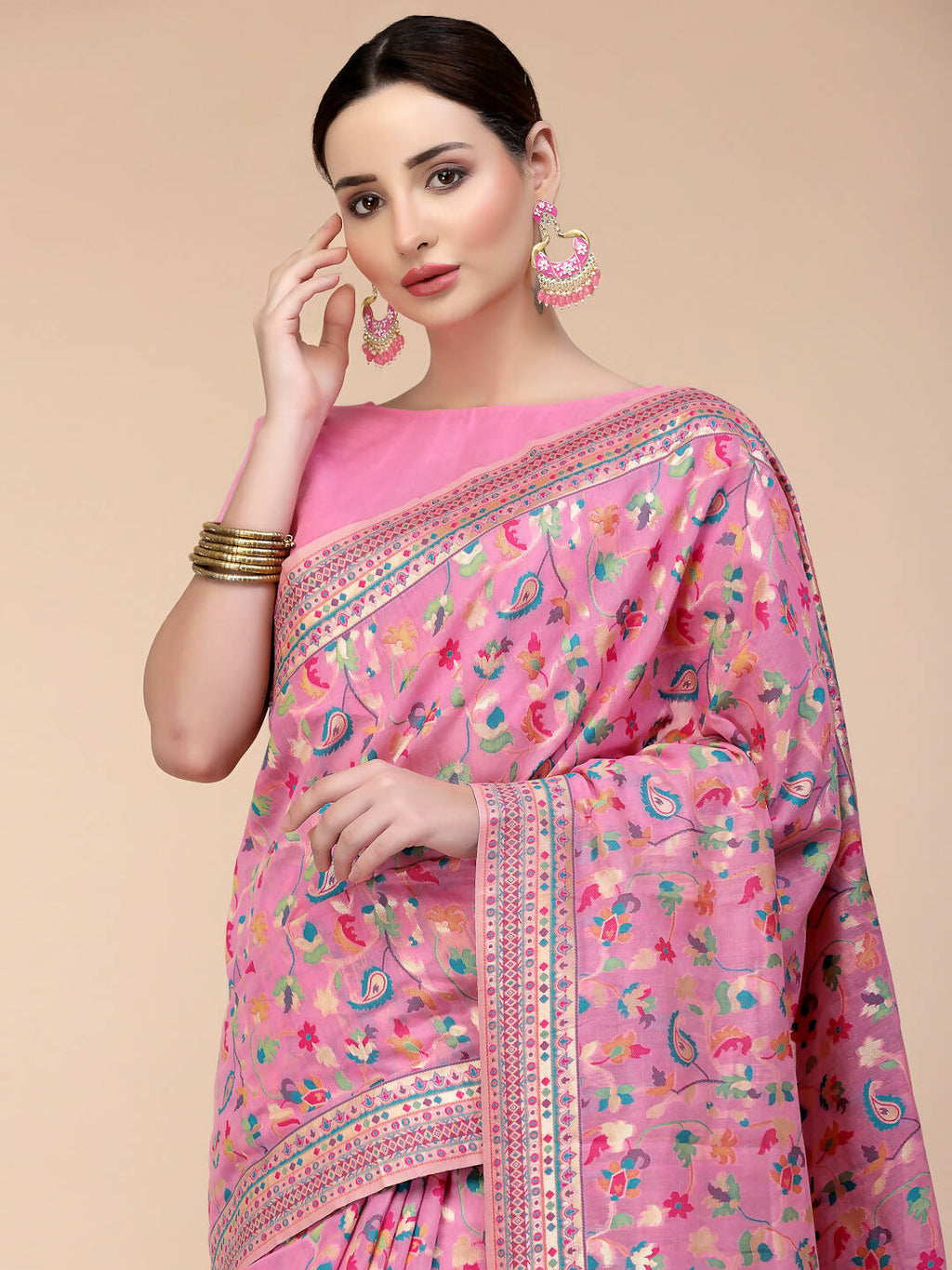 Pink Silk Blend Woven Design Saree With Unstitched Blouse Piece - Aloki