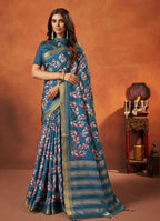 Blue Rangkat and Crepe Silk Floral Saree With Unstitched Blouse Piece - Mohmanthan Royal Saachi