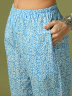 Myshka Women's Blue Printed Cotton Straight Party Kurta Set