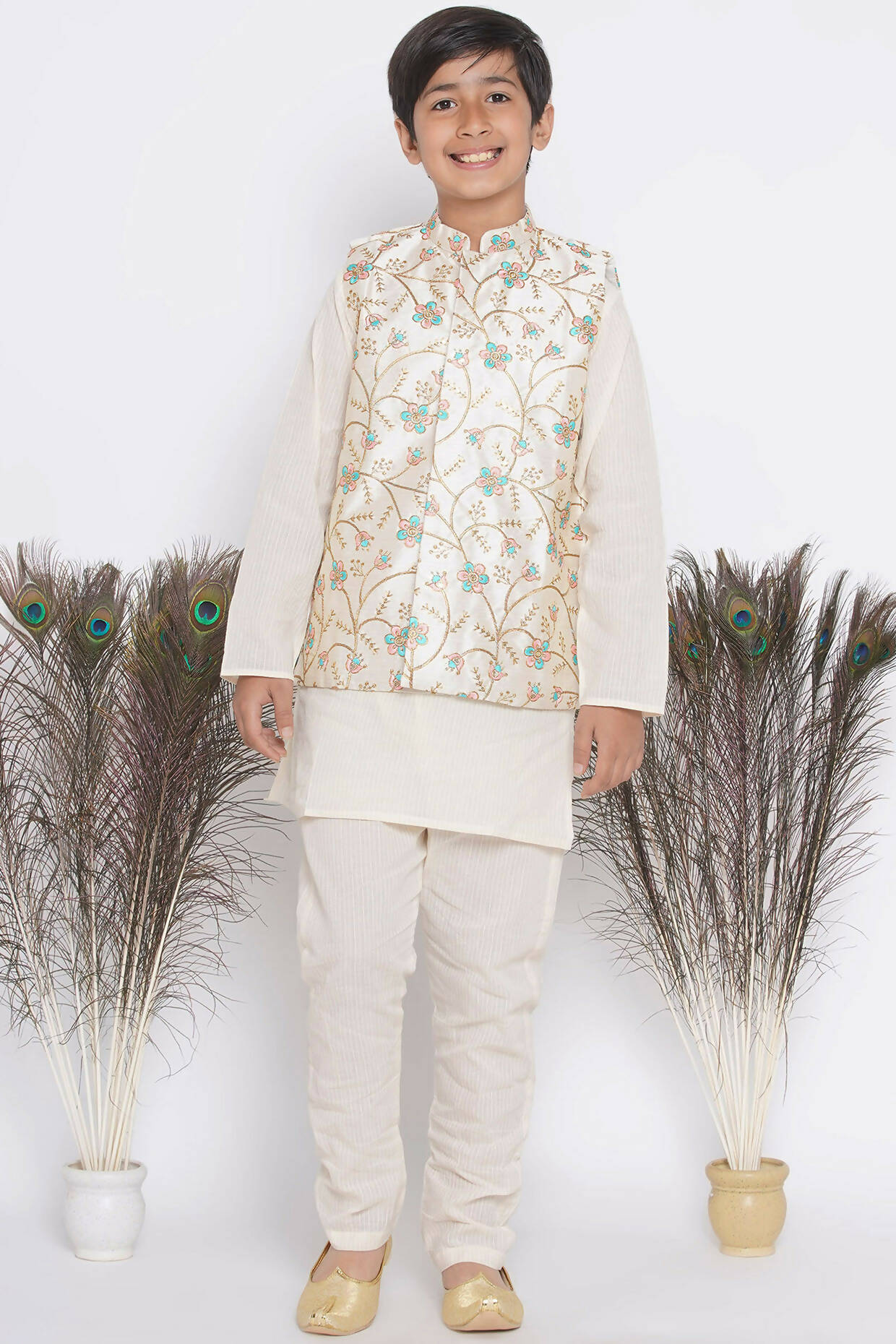 Little Bansi Banarsi Silk Pink Blue Floral Embroidery Jacket with Cotton Kantha kurta and Kantha Pyjama - Cream