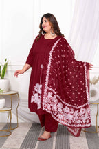 Miravan Women's Plus Size Wine Pintucks Cotton Floral Elegant Straight Kurta and Palazzo with Dupatta Set
