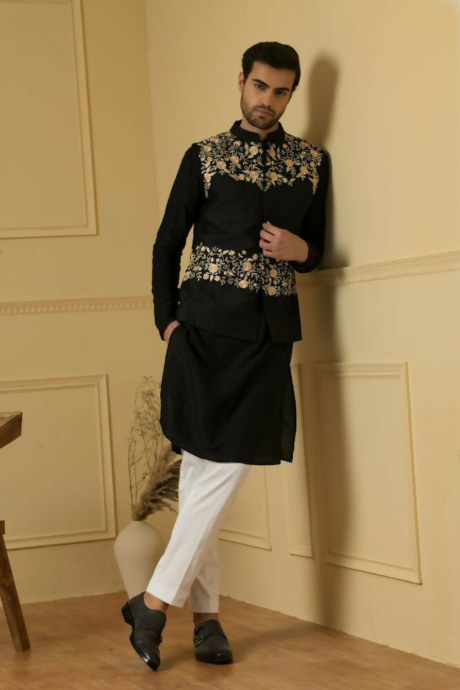 Floral Embroidered Nehru Jacket With Kurta Set by Hilo Design