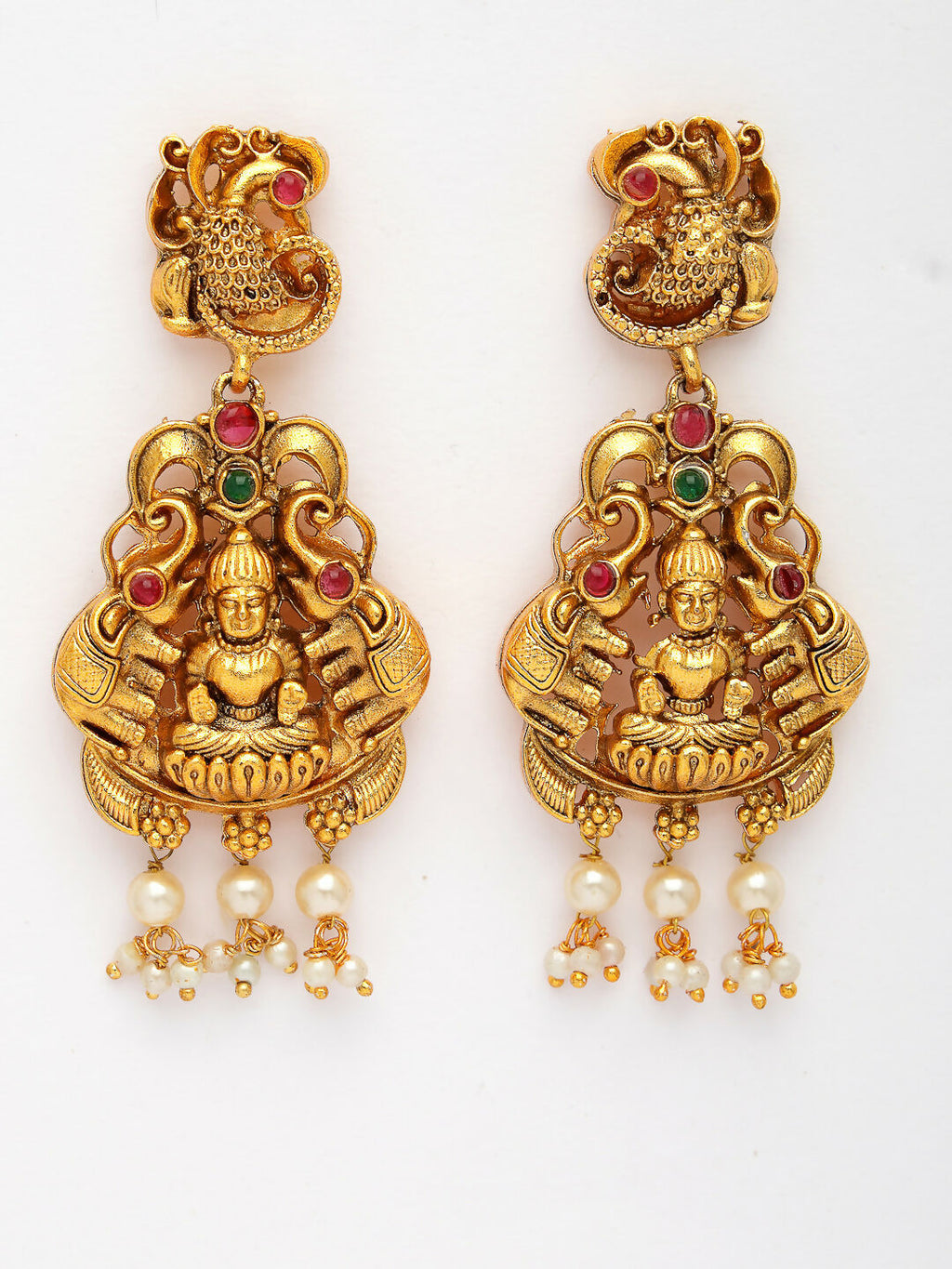 NVR Women's Set of 2 Gold-Polished Green & Red Stone Studded Lakshmi Design Temple Jewellery Set