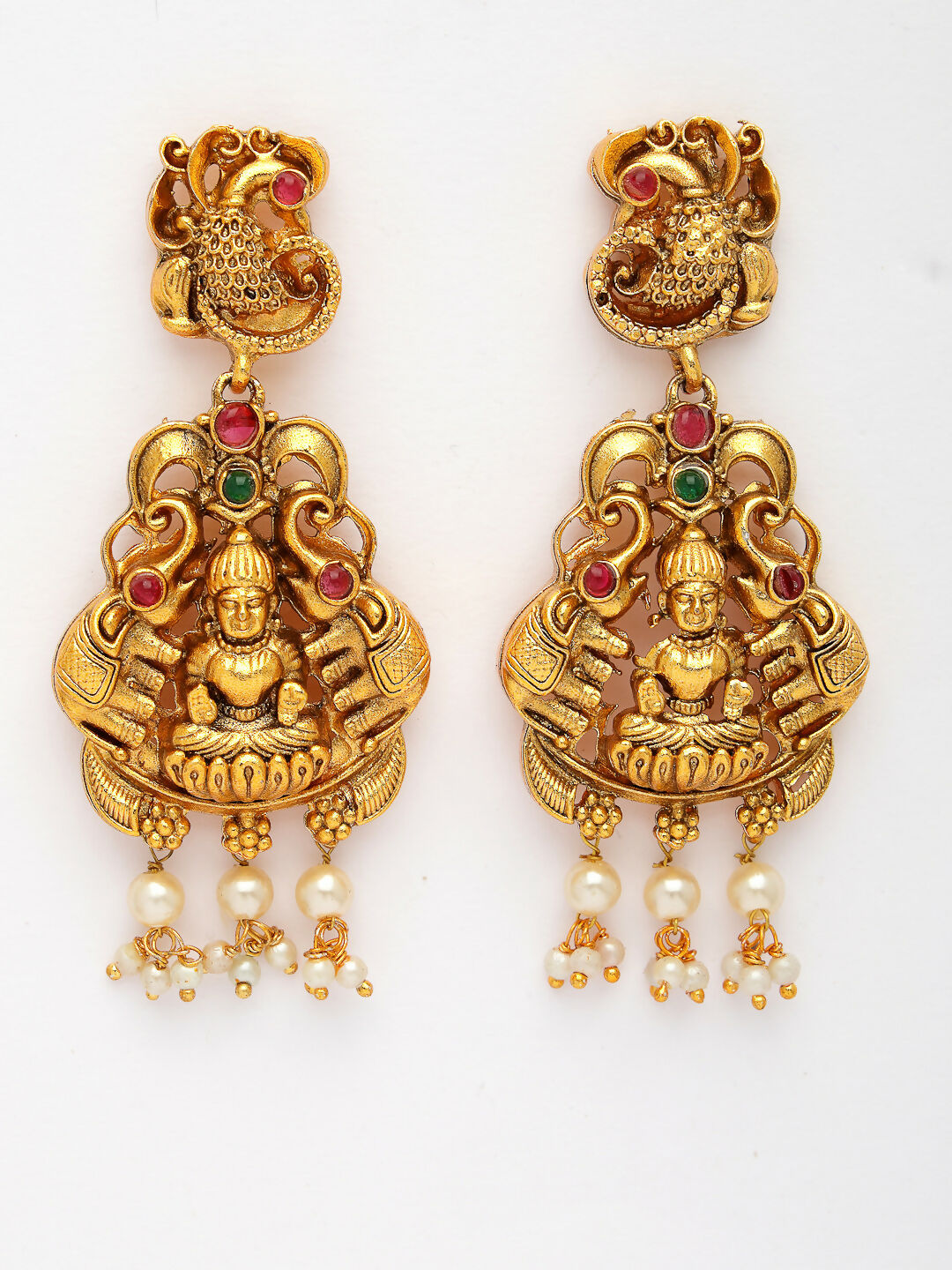 NVR Women's Set of 2 Gold-Polished Green & Red Stone Studded Lakshmi Design Temple Jewellery Set