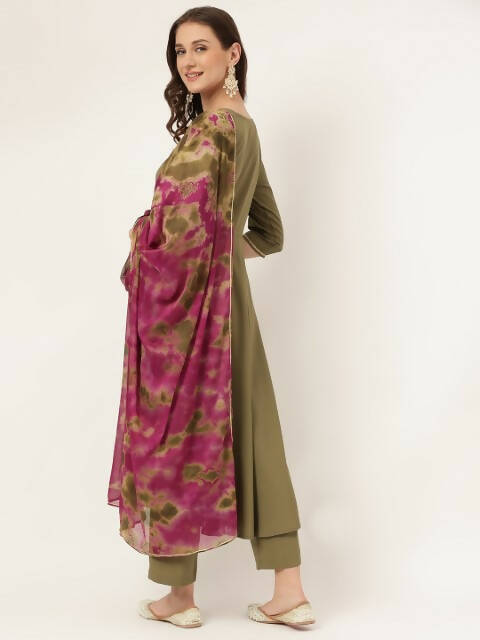 FIORRA Women's Olive Poly Crepe A-Line Kurta Pant With Dupatta