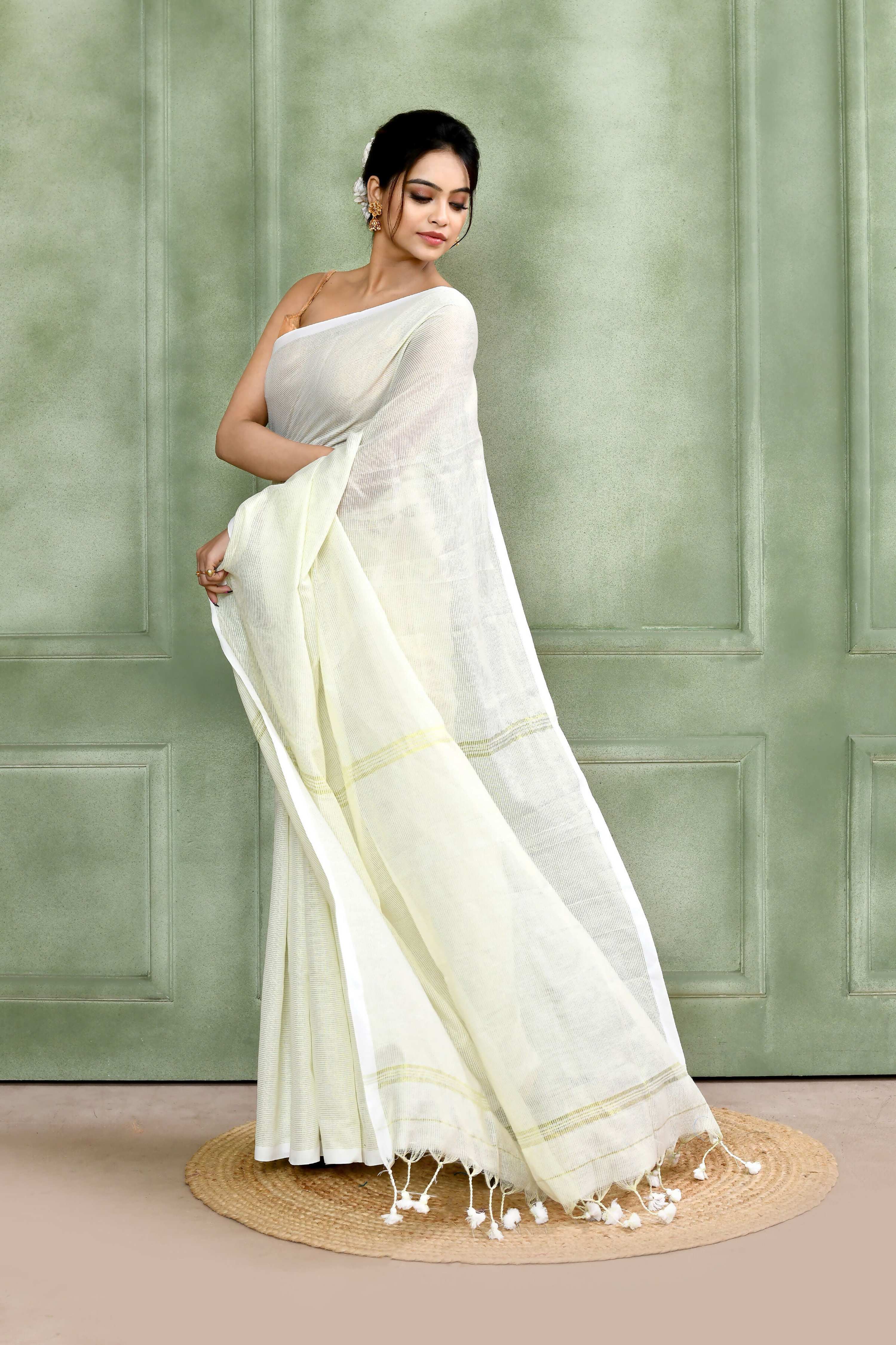 Piyari Fashion Women's White Embellished Cotton Blend Zari Check Handloom Saree - Distacart