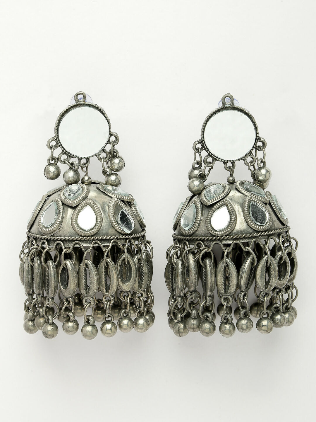 NVR Women's Silver Plated Mirror Work Oxidised Contemporary Jhumka Earrings - Distacart