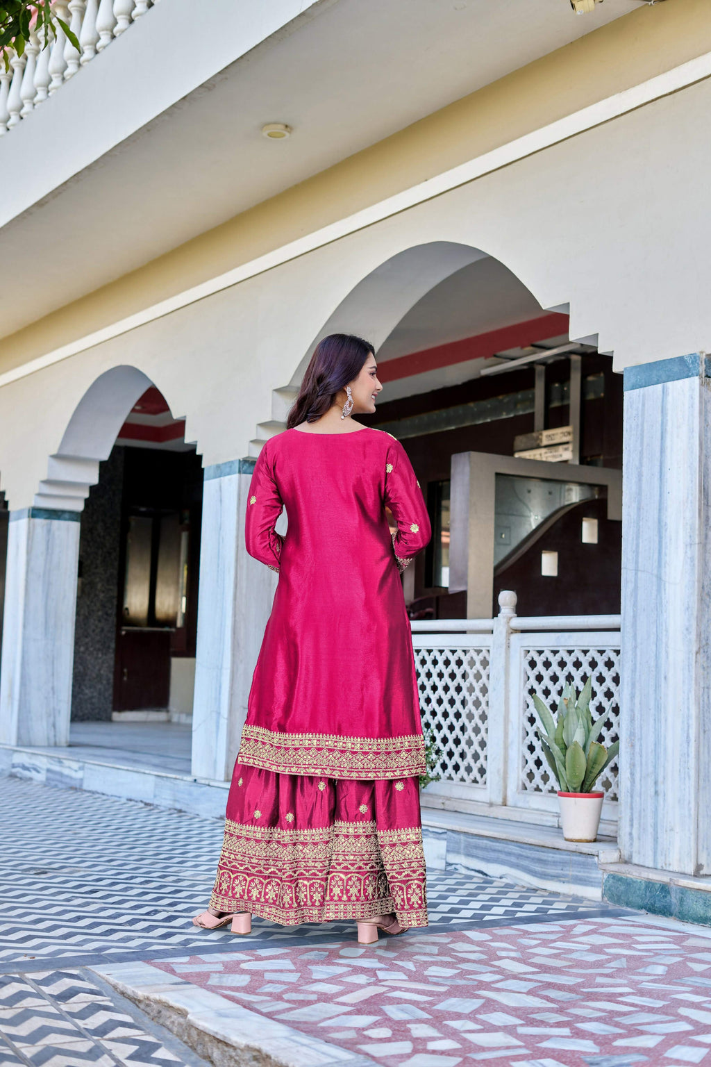 Teeya Creation Pink Color Chinon Silk Heavy Embroidery Work Wedding Wear Sharara - Distacart