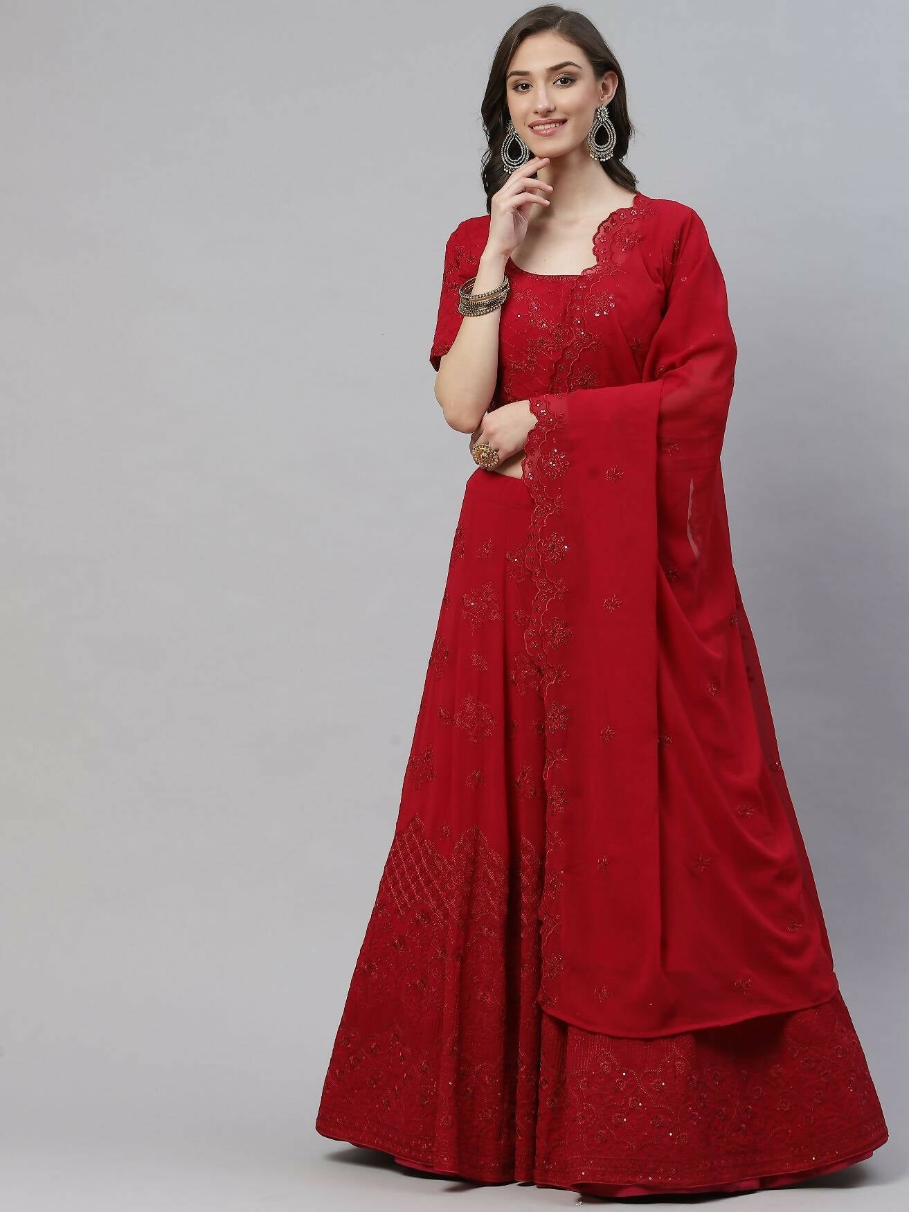 Dark Pink Georgette Thread with Sequins Embroidered work Lehenga Choli with Dupatta - Jivika