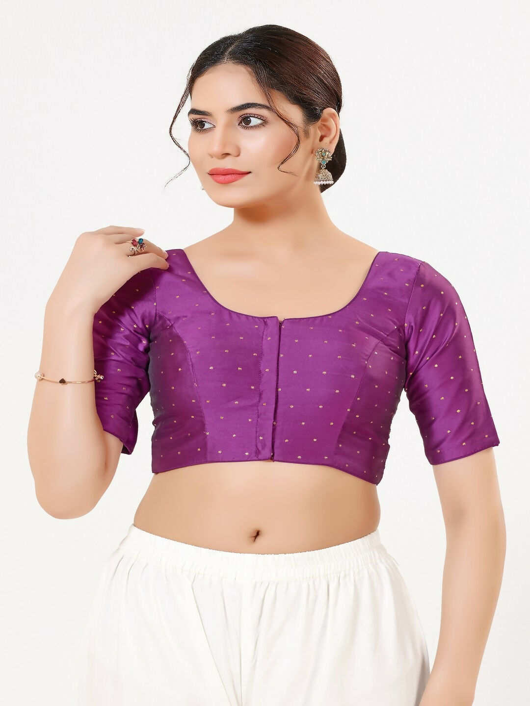 Joban Fashion Purple Taffeta Silk Elbow Sleeveless Front Open Blouse