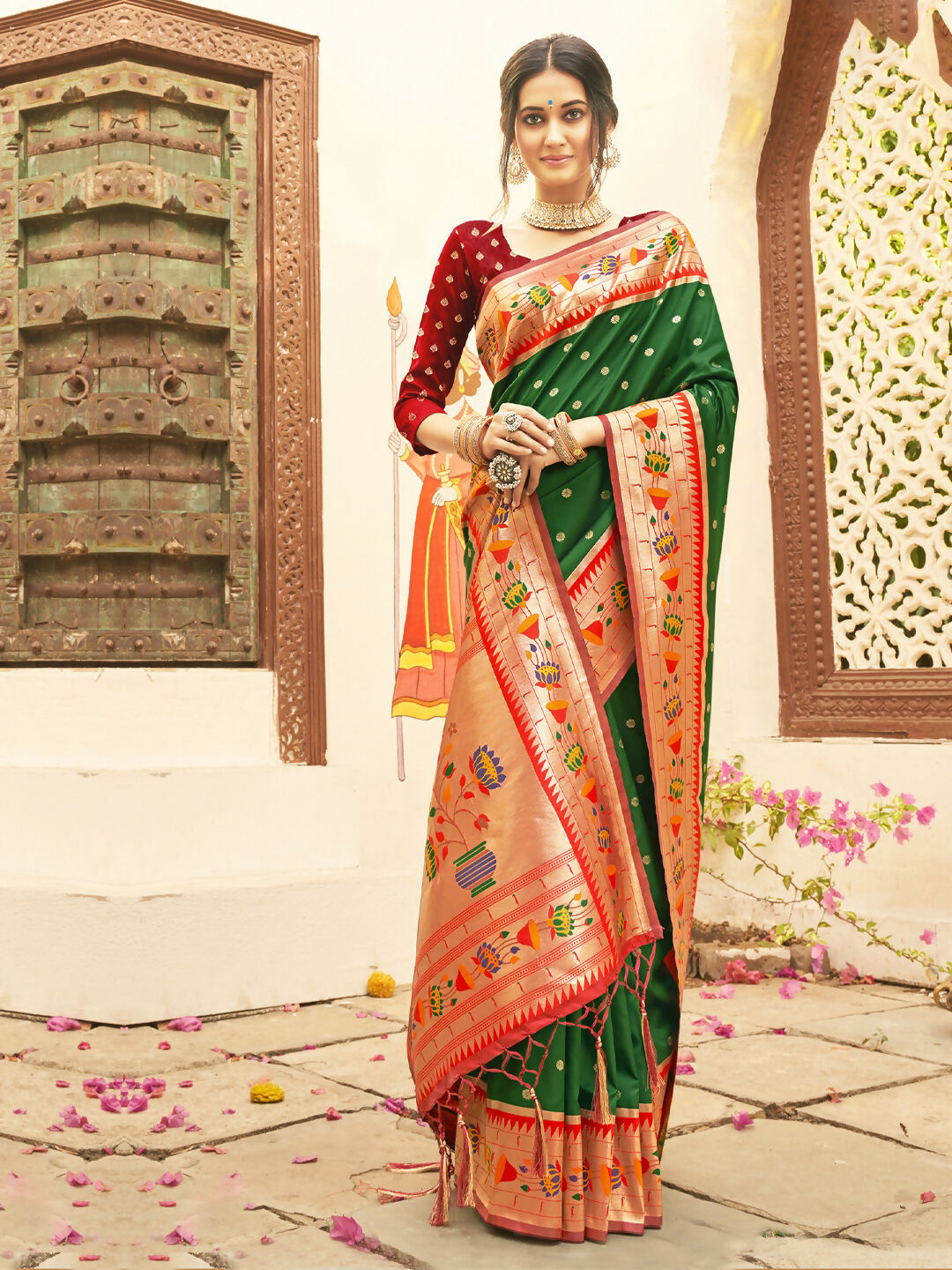 Shree Shyam Fashion Silk Blend Dark Green Saree - Distacart