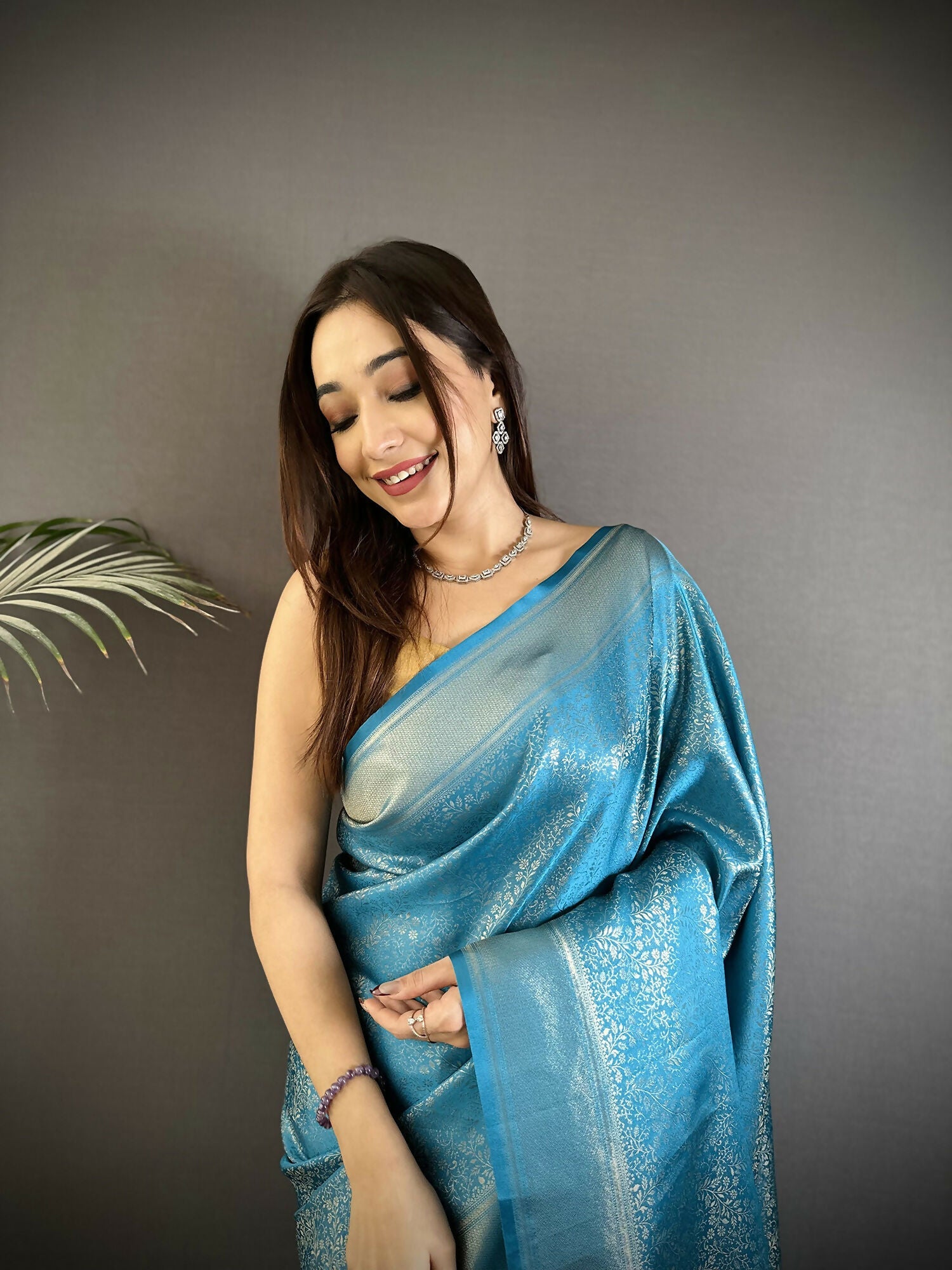 Joban Fashion Ocean Blue Floral Motifs & Ethnic Design Soft Satin Silk Kanchipuram Saree - Distacart