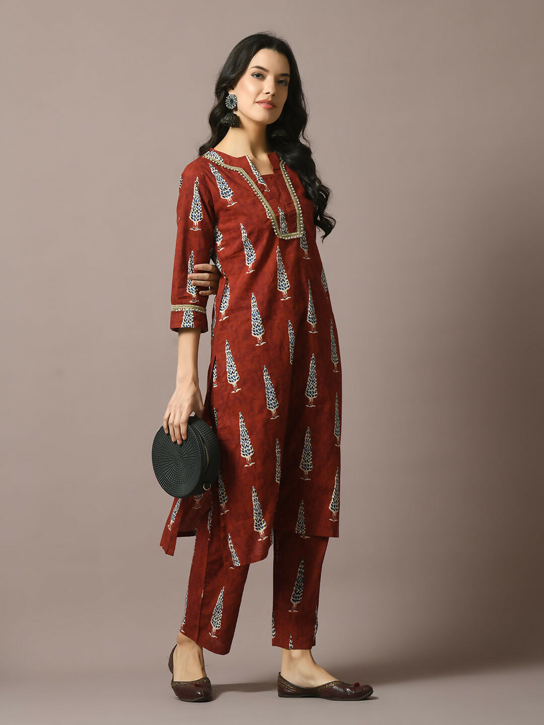 Myshka Women's Rust Printed Cotton Straight Party Kurta Set