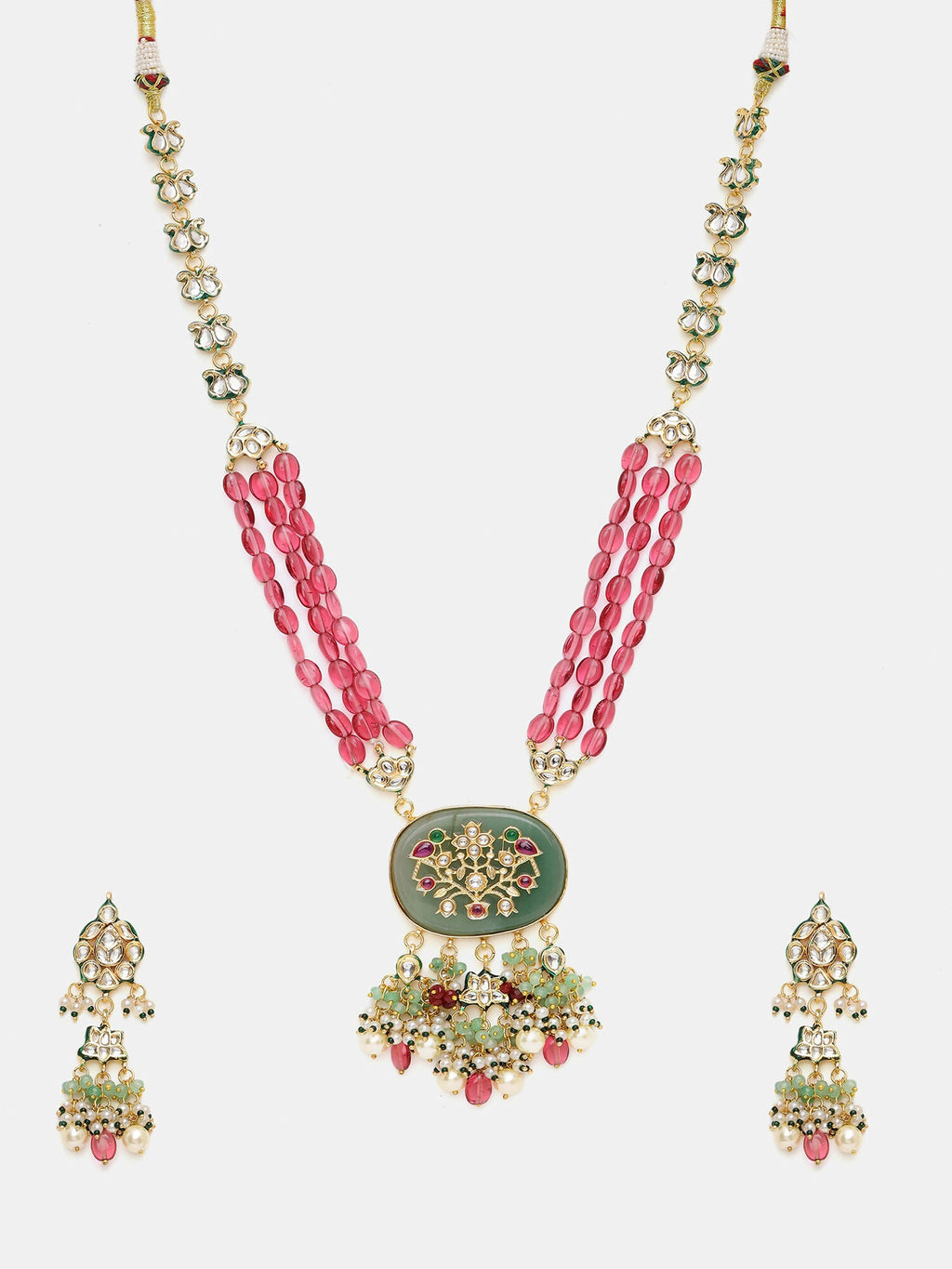 Ruby Raang 22k Gold Polished Long Multi Kundan Necklace With Earrings