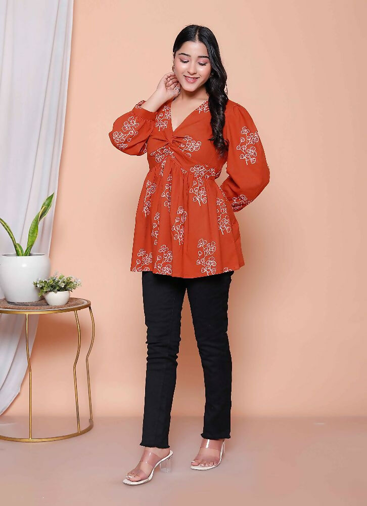 Miravan Womens Rust Floral Printed Balloon Sleeves V Neck Butterfly Top - Distacart