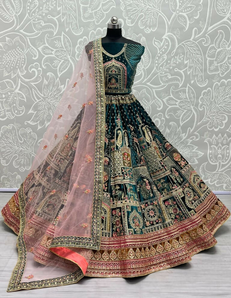 Jyoti Fashion Women's Teal Green Velvet Fancy Dori & Sequins with Multi Thread Embroidered with Diamond Work Wedding Lehenga Choli