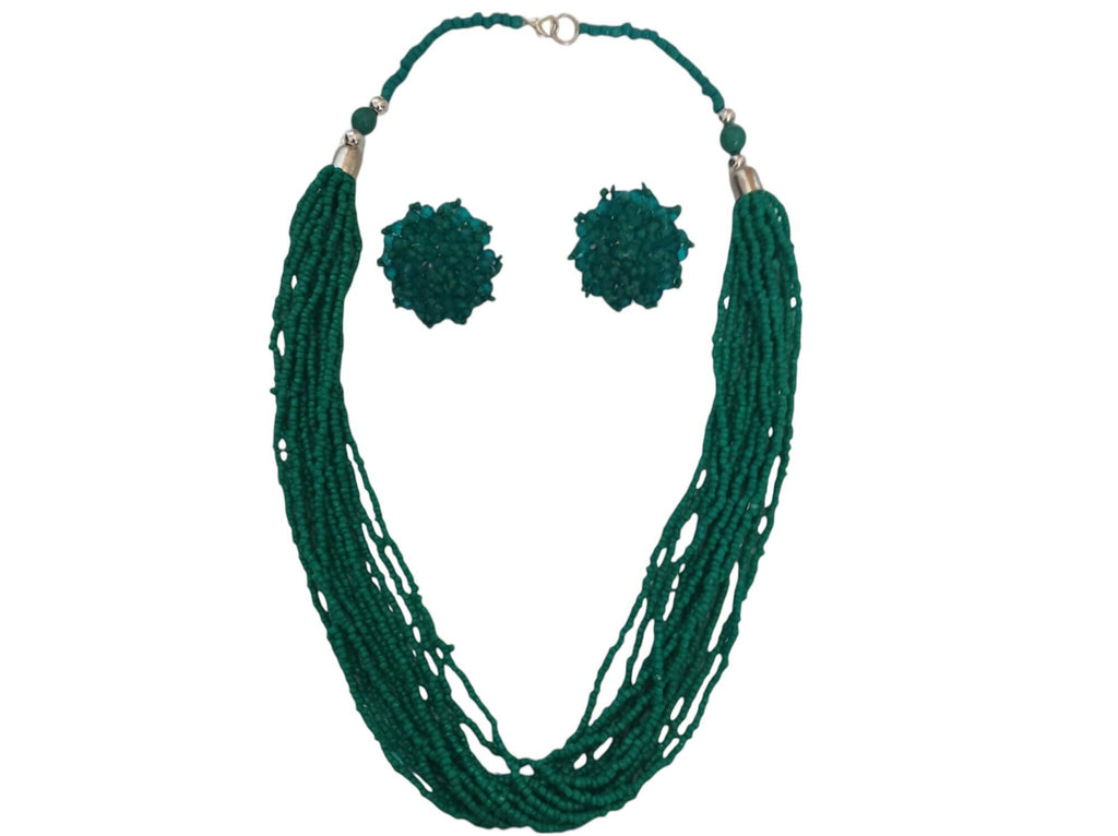 Inhanns Bloom Handmade Beaded Necklace With Earrings - 12 Layers - Sea Green Necklace Set