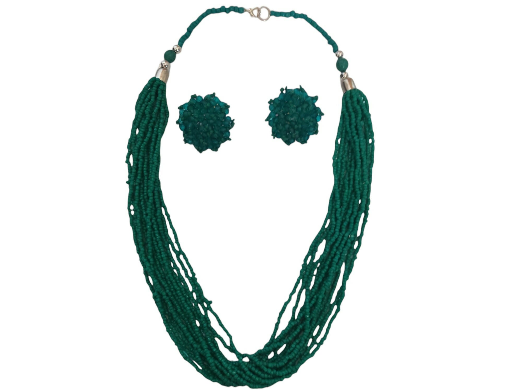 Inhanns Bloom Handmade Beaded Necklace With Earrings - 12 Layers - Sea Green Necklace Set