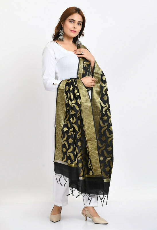 Mominos Fashion Moeza Women's Banarsi Silk Floral Woven Design Black Dupatta - Distacart
