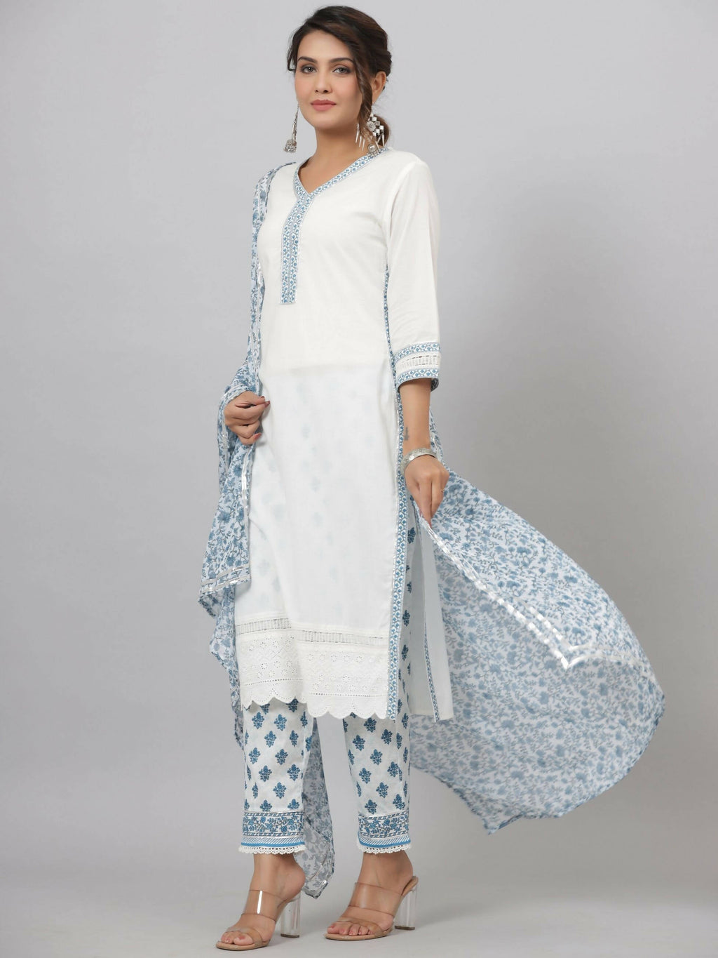 Juniper Women's White Cotton Cambric Solid Kurta Floral Printed Pant & Dupatta Set - Distacart