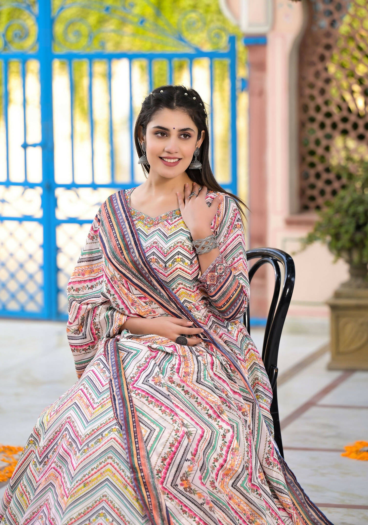 Functional Designer Off White-Muliti Dola Silk Anarkali suit with Dupatta - Ramya