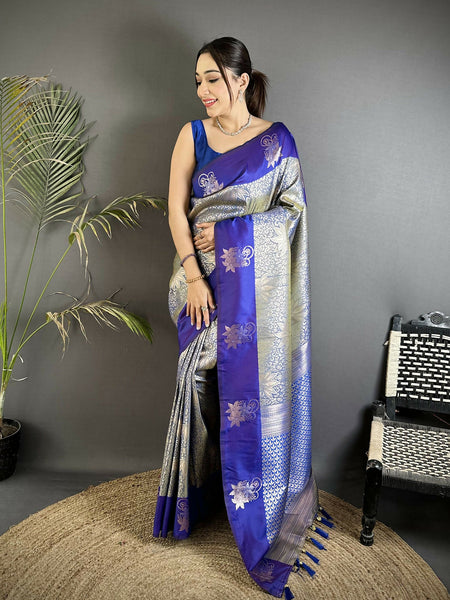 Joban Fashion Grey Intricate Zari Weaving Soft Silk Dharmavaram Saree