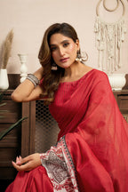 Vastranavya Red Digital Printed Linen Ready To Wear Designer Saree with Unstitched Blouse - Distacart