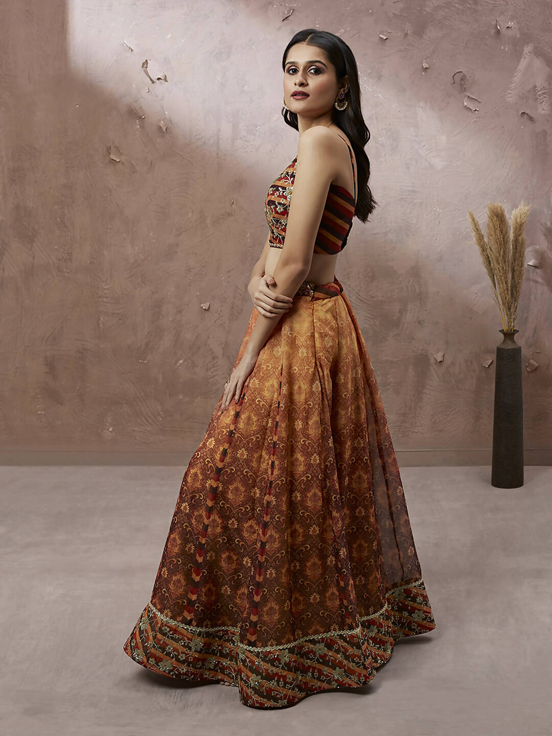 House of Panchhi Brown Organza Floral Print and sequinse work Lehenga choli & Dupatta