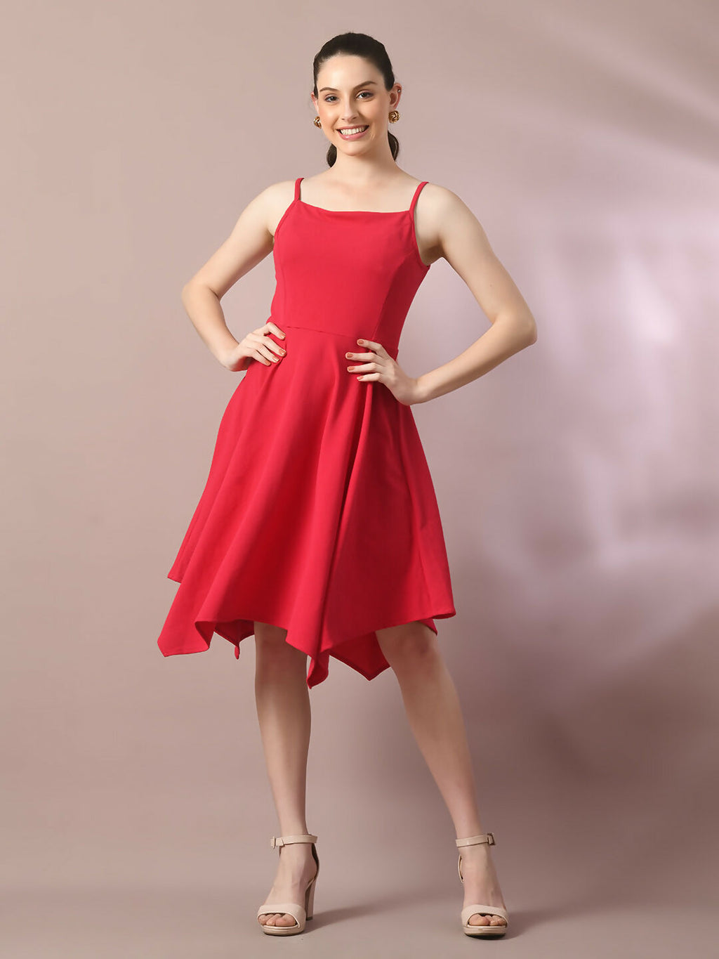 Myshka Women's Pink Solid Shoulder Straps Fit and Flare Party Dress - Distacart