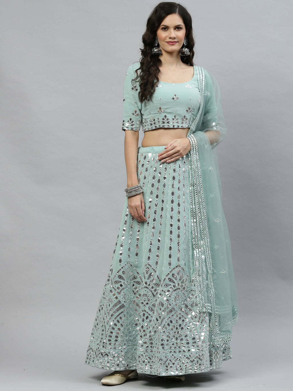 Pista Green Georgette Paper Mirror Embroidery Work Lehenga Choli with Dupatta - Jivika
