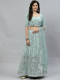 Pista Green Georgette Paper Mirror Embroidery Work Lehenga Choli with Dupatta - Jivika