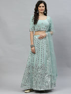 Pista Green Georgette Paper Mirror Embroidery Work Lehenga Choli with Dupatta - Jivika