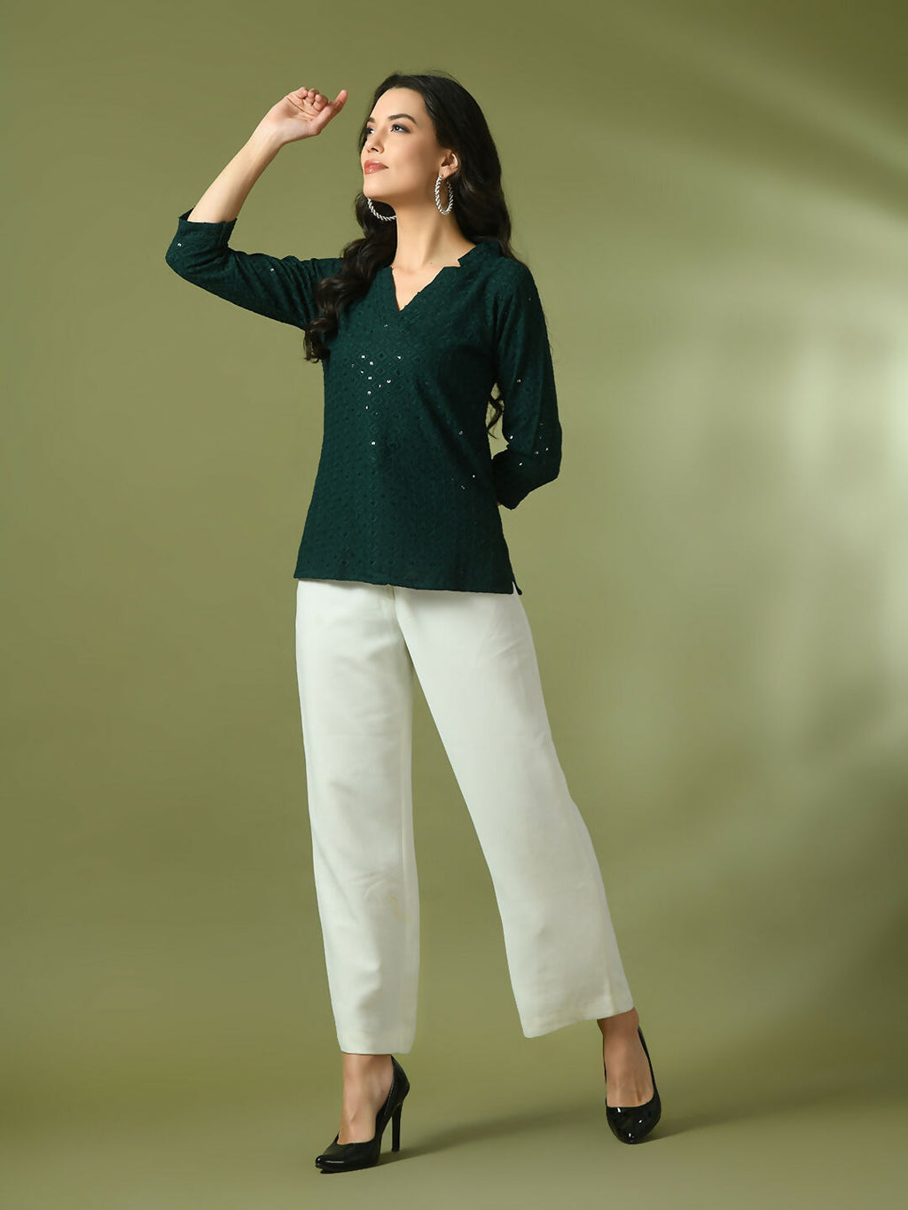 Myshka Women's Green Embellished Cotton Regular Party Tunic