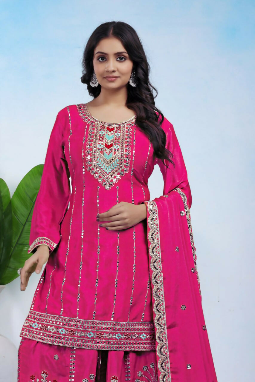 Joban Fashion Pink Silk Embroidered Sharara Set - Distacart