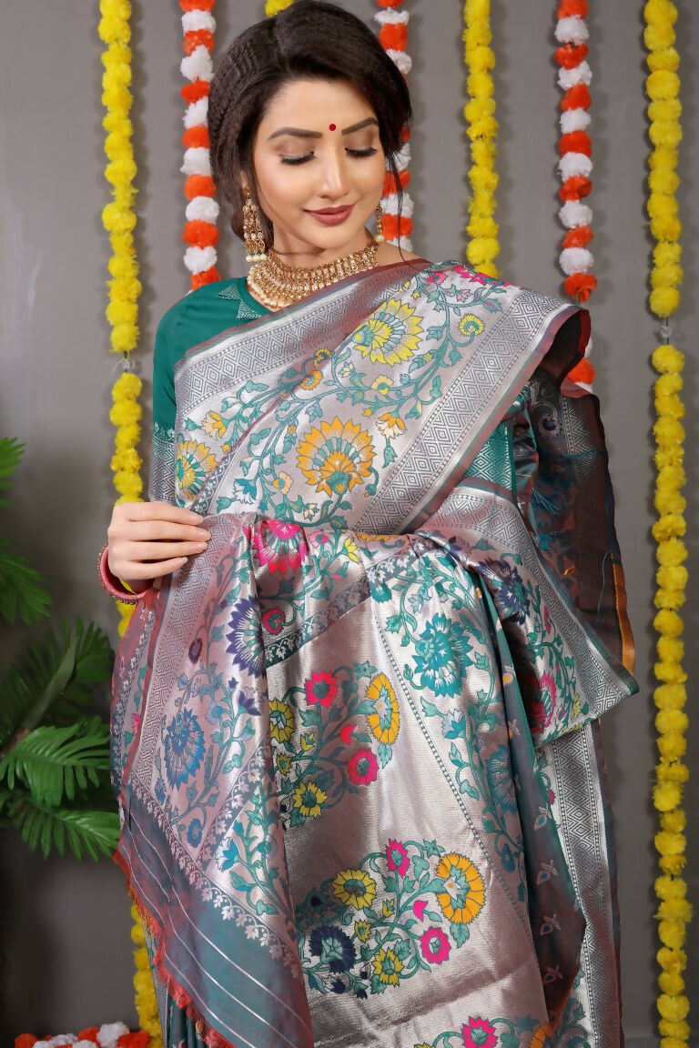 Jyoti Fashion Women's Bottle Green Banarasi Silk Zari Woven Saree with Blouse