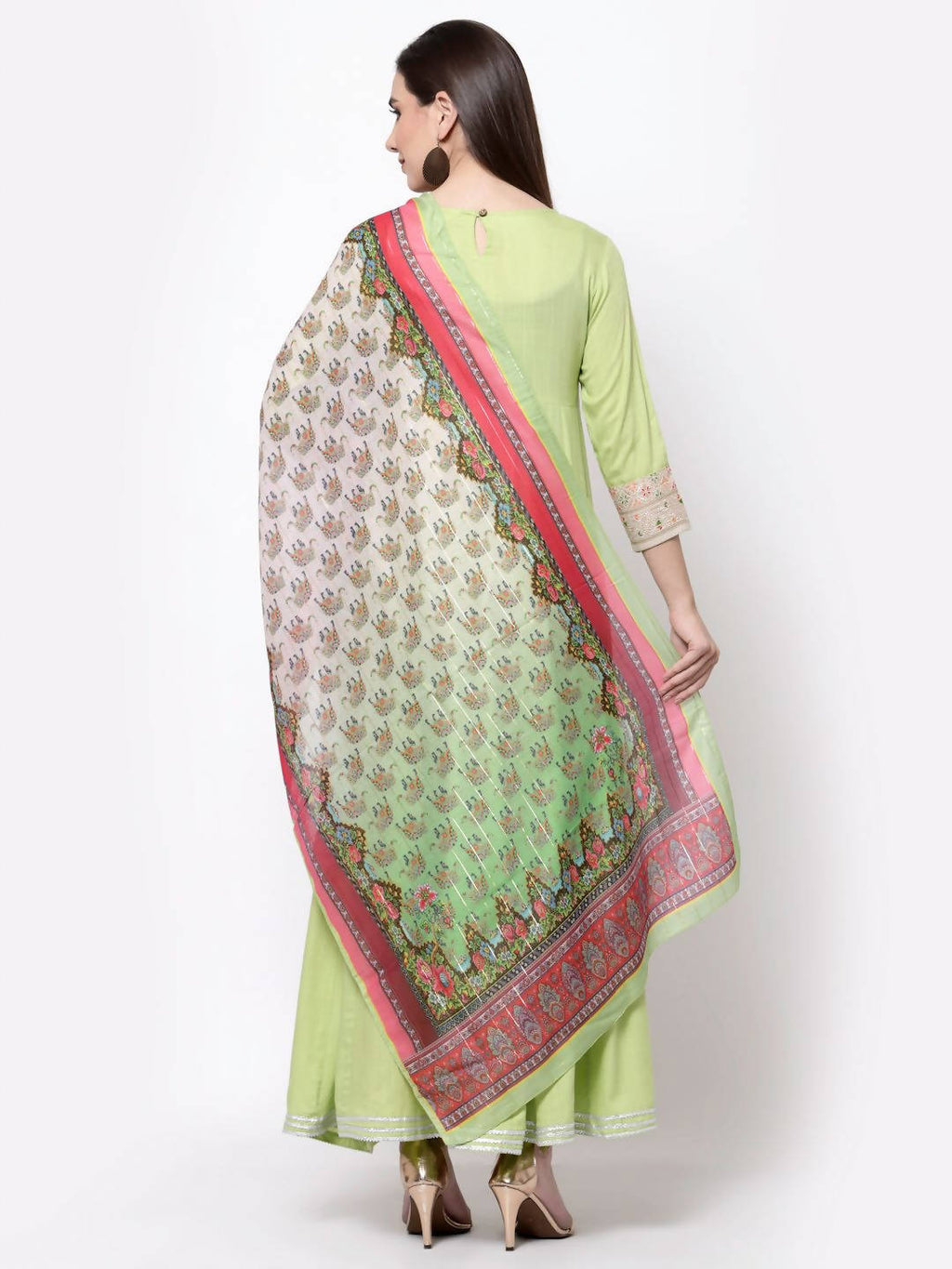Myshka Women's Green Rayon Printed 3/4 Sleeve Round Neck Casual Anarkali Dupatta Set