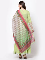 Myshka Women's Green Rayon Printed 3/4 Sleeve Round Neck Casual Anarkali Dupatta Set