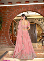 Pink Chinon Crushed Sequence and Thread Embroidery Work Lehenga Choli with Dupatta - Viharini