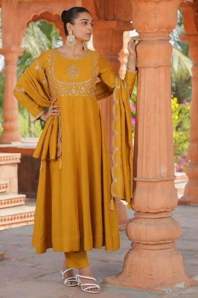 The52 Women's Beautiful Vichitra Silk Fabric Embroidery Work Flared Anarkali Pant and Dupatta Set