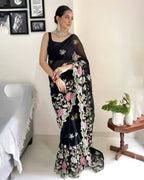 Vamika Embroidery Black Georgette Bollywood Saree - Distacart